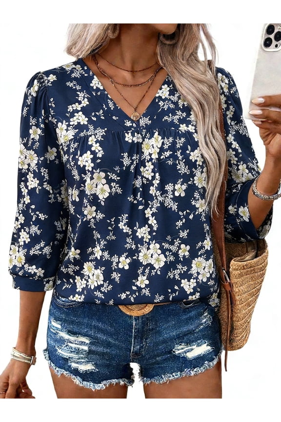 Tops for Women Summer Floral Print 3/4 Sleeve V Neck Womens Blouses Boho Tops for Women Casual Dressy Blouses 2XL