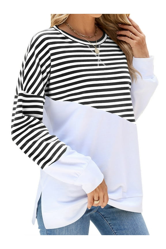 Tops for Women Sweatshirts Color Block Striped Crew Neck Casual Long Sleeve Tops Loose Fit Tunics Fall Shirts