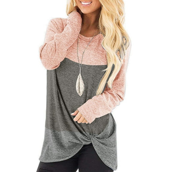 TEMOFON Tunic Tops for Leggings for Women Long Sleeve Crew Neck T Shirts Loose Fit Color Block Blouse Pink Fall Tops