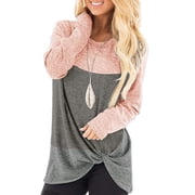 TEMOFON Tunic Tops for Leggings for Women Long Sleeve Crew Neck T Shirts Loose Fit Color Block Blouse Pink Fall Tops
