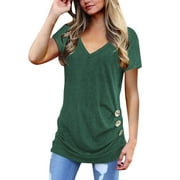 TEMOFON Tunic Tops for Women Summer V Neck Short Sleeve Shirts Dressy Casual Loose Fit Green Tees with Side Button