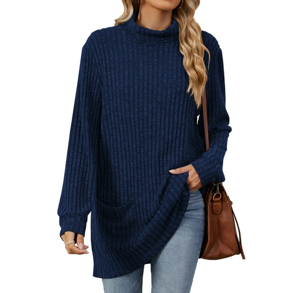 TEMOFON Turtleneck Sweaters for Women Long Sleeve Knit Tunic Tops Comfy Fall Casual Shirts Loose Fit Winter Clothes for Women Pullover with Pocket