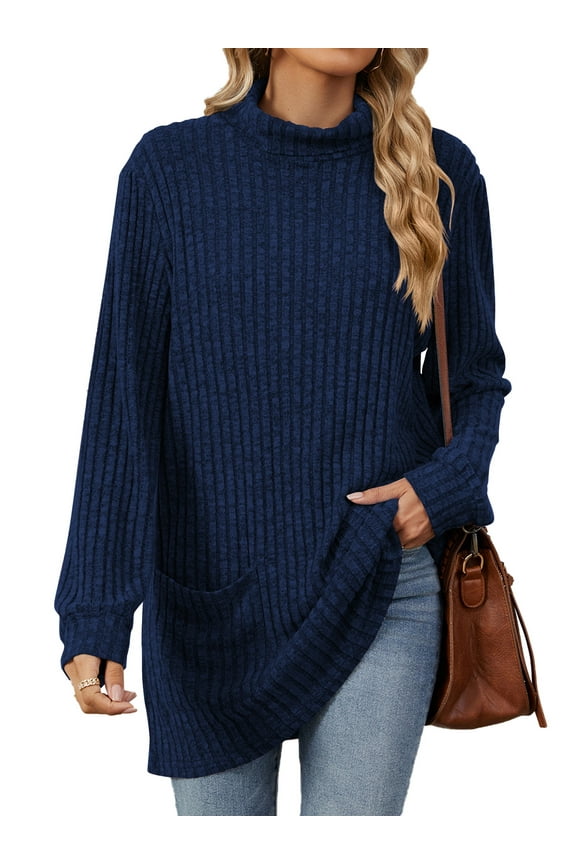Turtleneck Sweaters for Women Long Sleeve Knit Tunic Tops Comfy Fall Casual Shirts Loose Fit Winter Clothes for Women Pullover with Pocket