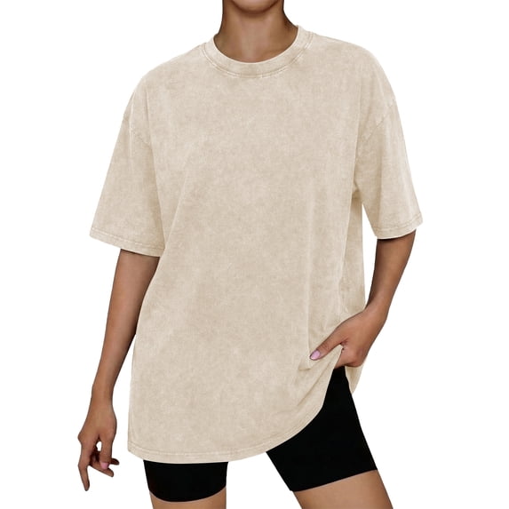 TEMOFON Vintage Washed Tops for Women Cotton Short Sleeve Tshirts Summer Knit Soft Apricot Tunic Tees L