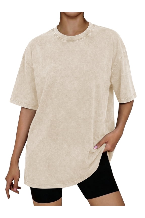 Vintage Washed Tops for Women Cotton Short Sleeve Tshirts Summer Knit Soft Apricot Tunic Tees XL