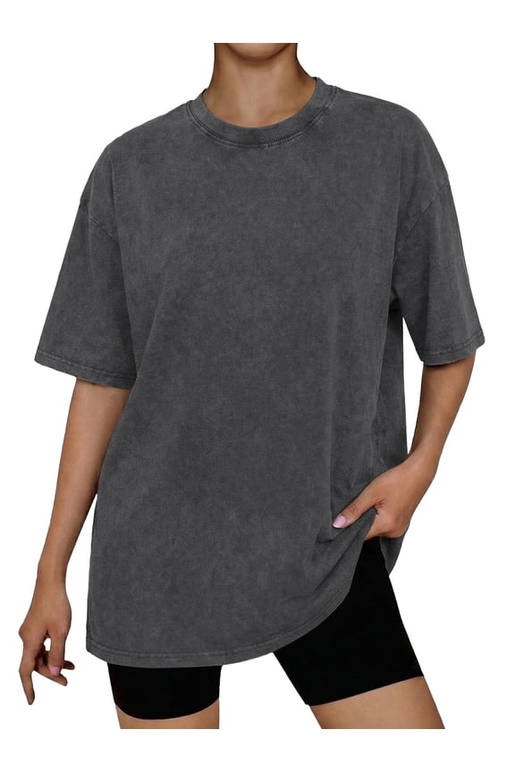 Vintage Washed Tops for Women Short Sleeve Cotton Casual Shirts Crew Neck Gray Baggy Women Tees M