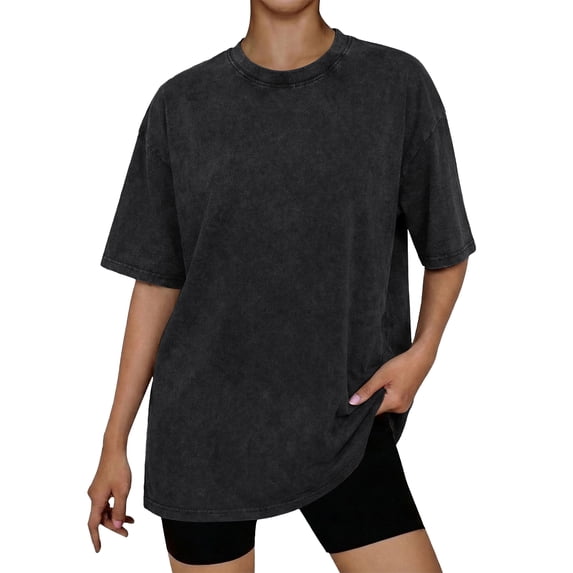 TEMOFON Vintage Washed Tops for Women Summer Black Crew Neck Boyfriend T-shirts Baggy Comfort Knit Shirt S