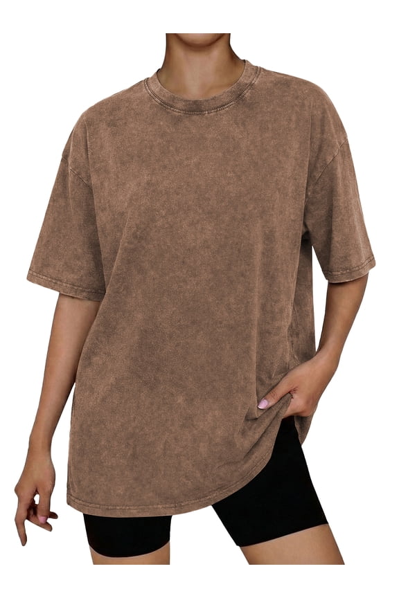Vintage Washed Tops for Women Summer Short Sleeve Casual Tees Spring Loose Oversized Brown Shirts 2XL