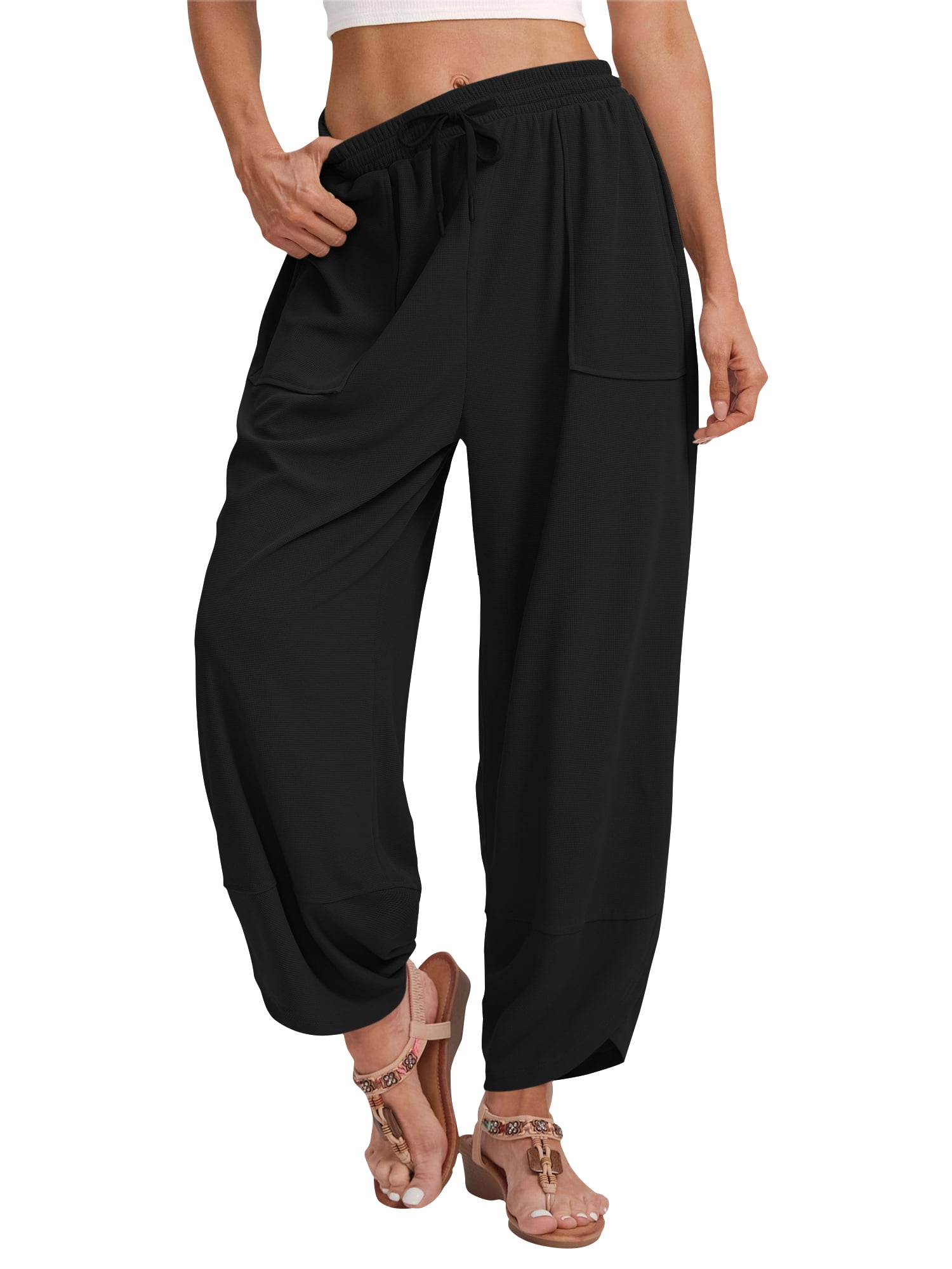 Wide Leg Pants Womens Waffle Knit Casual Drawstring Elastic Waisted Palazzo Harem Pants with Pockets Womens Clothes Baggy Lightweight Beach Work Trousers