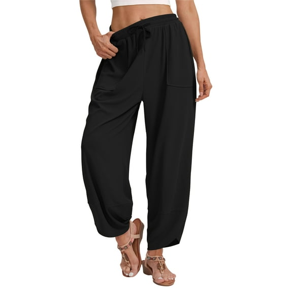 TEMOFON Wide Leg Pants Womens Waffle Knit Casual Drawstring Elastic Waisted Palazzo Harem Pants with Pockets Womens Clothes Baggy Lightweight Beach Work Trousers