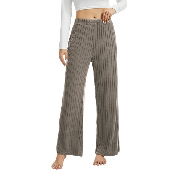 TEMOFON Wide Leg Ribbed Pants Women High Waist Knit Lounge Pants Comfy Fall Casual Brown Trousers with Elastic Waist M