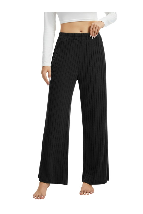 Wide Leg Ribbed Pants for Women Casual Lounge Pants Soft Knit High Waisted Fall Black Trousers Elastic Waist M