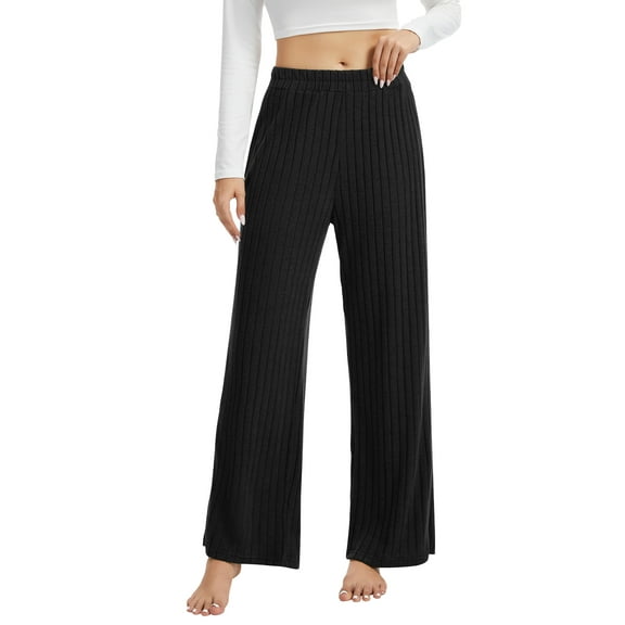 TEMOFON Wide Leg Ribbed Pants for Women Casual Lounge Pants Soft Knit High Waisted Fall Black Trousers Elastic Waist XXL