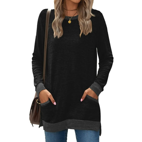 TEMOFON Woman Long Sleeve Shirts Fall Round Neck Loose T Shirts Trendy Gray Side Slit Tunic Tops for Women with Side Pocket