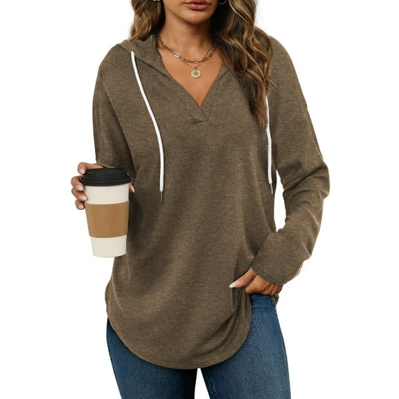 TEMOFON Women 2025 Hoodies Long Sleeve Drawstring Plaid V Neck Hooded Pullover Hoodies Casual Loose Tunic Tops