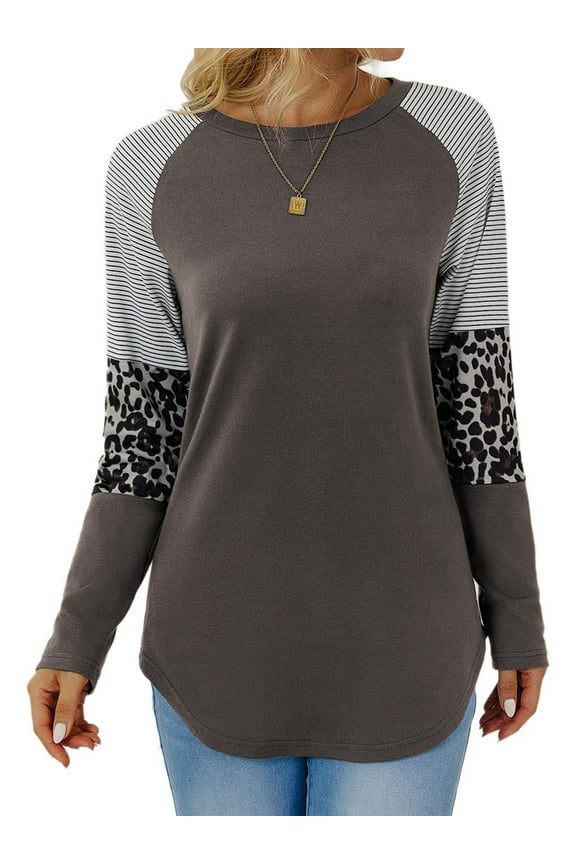 Women Blouses Fall Casual Long Sleeve Tunic Tops Fashion Leopard Color Block T Shirts Comfy Stripe Crew Neck Sweatshirts Loose Tshirts for Women
