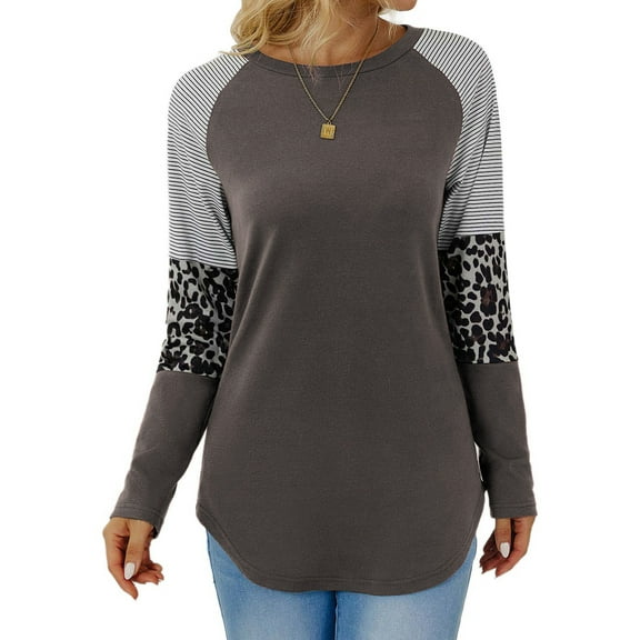 TEMOFON Women Blouses Plus Size Fall Casual Long Sleeve Tunic Tops Fashion Leopard Color Block T Shirts Comfy Stripe Crew Neck Sweatshirts Loose Tshirts for Women