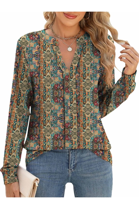 Women Blouses Retro Print Floral Split V Neck Long Sleeve Tops Loose Fit Casual Businesss Fall Work Shirts 2XL