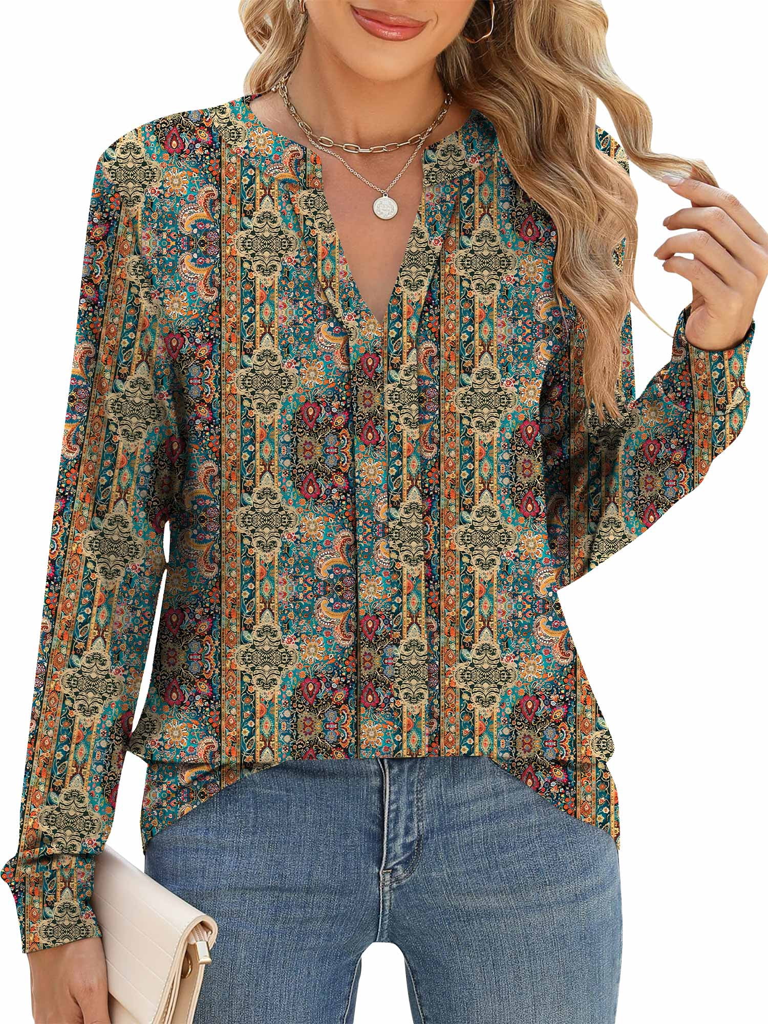 TEMOFON Women Blouses Retro Print Floral Split V Neck Long Sleeve Tops ...