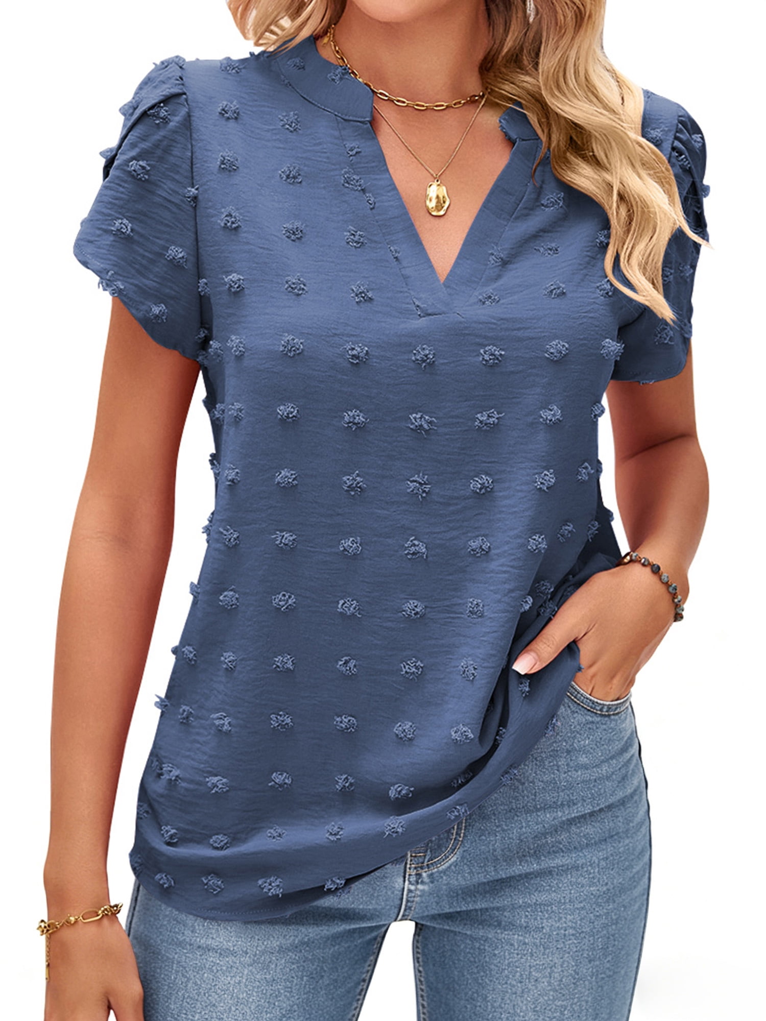 TEMOFON Womens V Neck Blouse Dressy Casual Short Sleeve Ruffle Summer ...