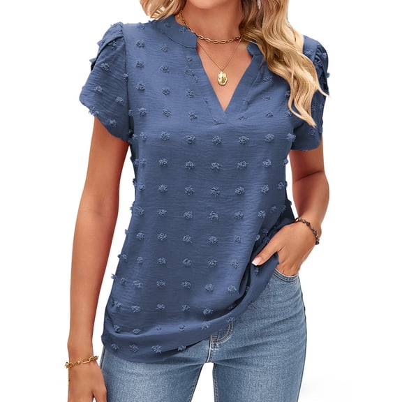 TEMOFON Womens V Neck Blouse Dressy Casual Short Sleeve Ruffle Summer Work Tops