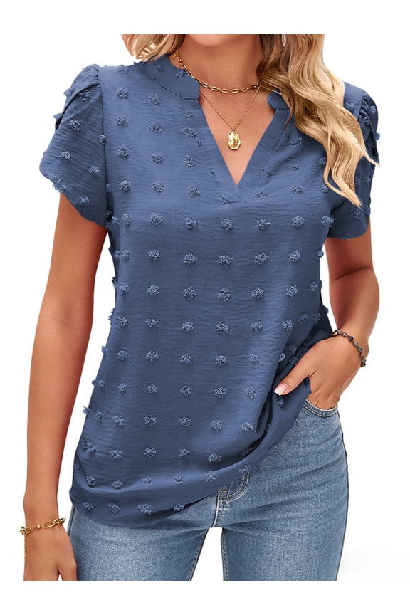 Womens V Neck Blouse Dressy Casual Short Sleeve Ruffle Summer Work Tops