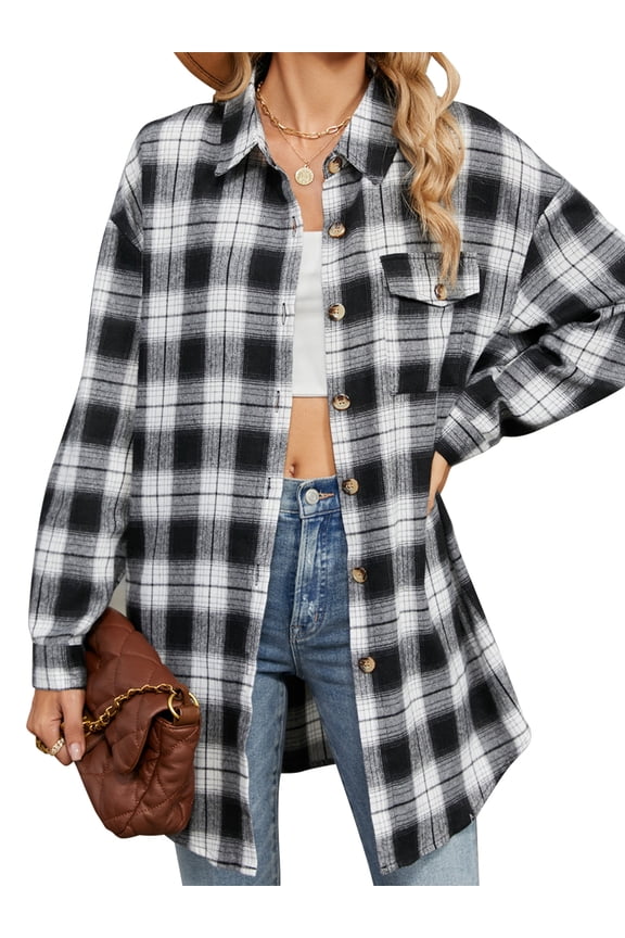 Women Button Down Shirts Casual Flannel Long Sleeves Plaid Tops Lapel Collared Loose Tunic Tops for Women with Pocket Size XL