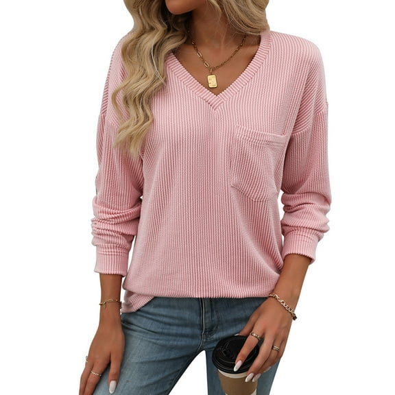 SHIBEVER Long Sleeve Shirts for Women V Neck Tops Fall Clothes Casual Ribbed Knit Tunic Tops with Pocket Lightweight Pullover Sweatshirts Blouses T-shirts Solid Color Pink