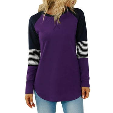 TEMOFON Long Sleeve Tops for Women Color Block Casual Tunic Crew Neck Sweatshirts Striped Raglan Sleeve Loose T Shirts for Women