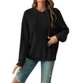 thumbnail image 1 of TEMOFON Women Drawstring Long Sleeve Hoodies Pocket Front Casual Sweatshirt Tops Cable Knit Pullover Sweatshirts Black L, 1 of 4