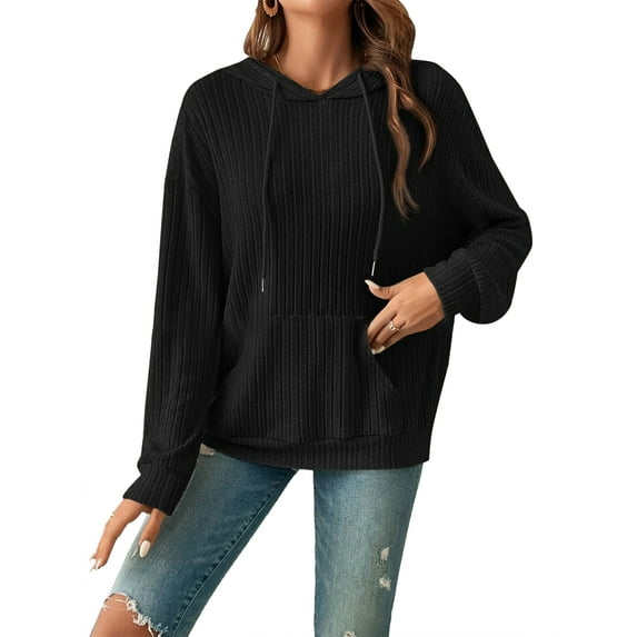 TEMOFON Women Drawstring Long Sleeve Hoodies Pocket Front Casual Sweatshirt Tops Cable Knit Pullover Sweatshirts Black L