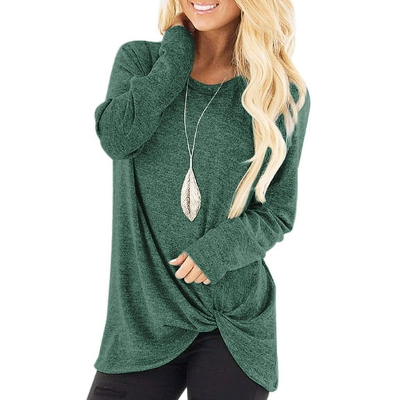 TEMOFON Women Fall Fashion Cute Long Sleeve Shirts Twist Knot Tunic Tops Color Block Tshirt Casual Crew Neck Green Blouse Clothing