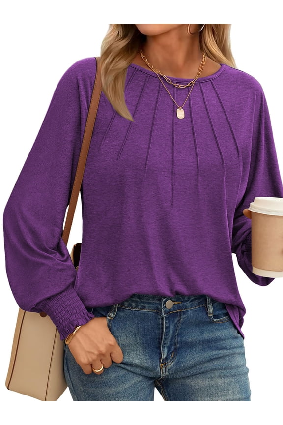 Women Fall Tops Casual Long Sleeve Tunic Tops Dressy Pleated Shirts Loose Crew Neck Blouses Winter Clothes