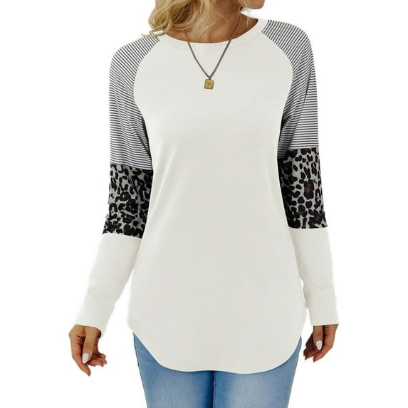 TEMOFON Women Fall Tops Casual Long Sleeves Crew Neck Sweatshirts Trendy Leopard Color Block Tops Loose Stripe Pullover Shirts for Women