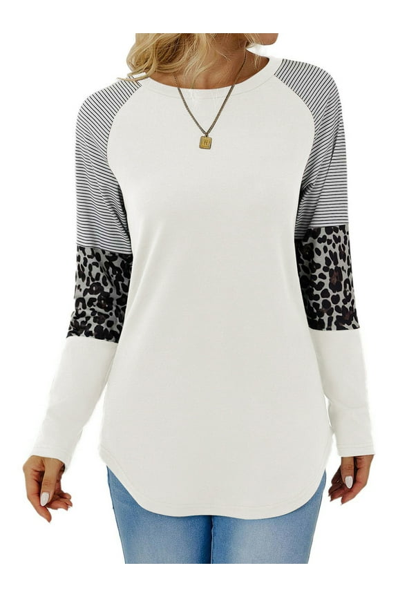 Women Fall Tops Casual Long Sleeves Crew Neck Sweatshirts Trendy Leopard Color Block Tops Loose Stripe Pullover Shirts for Women