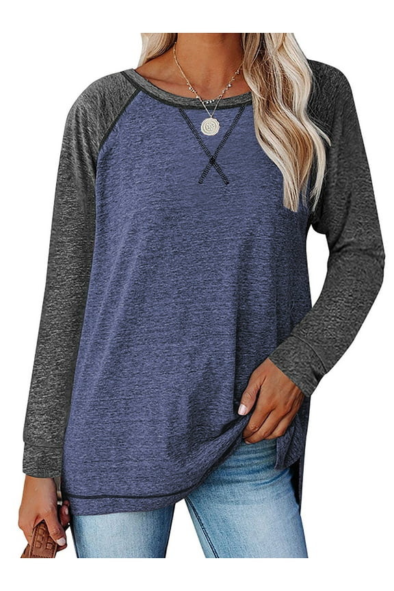 Women Fall Tops Long Sleeve Tunic Tops Casual Crew Neck Blouses Color Block Loose Fit T Shirts for Ladies Clothes