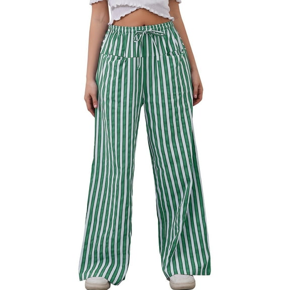 TEMOFON Womens Pants Casual Palazzo Wide Leg Striped Lounge Pants Comfy Drawstring Loose Fit Oversize Trousers with Pocket