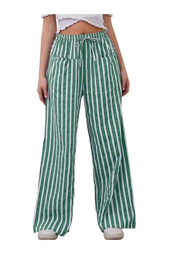 Womens Pants Casual Palazzo Wide Leg Striped Lounge Pants Comfy Drawstring Loose Fit Oversize Trousers with Pocket