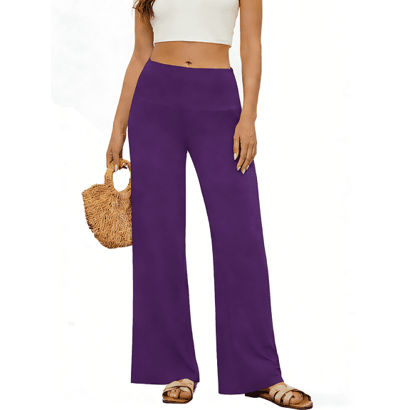 TEMOFON Women High Waist Pants Casual Stretchy Wide Leg Lounge Dress Pants Comfy Loose Fit Palazzo Pants Purple