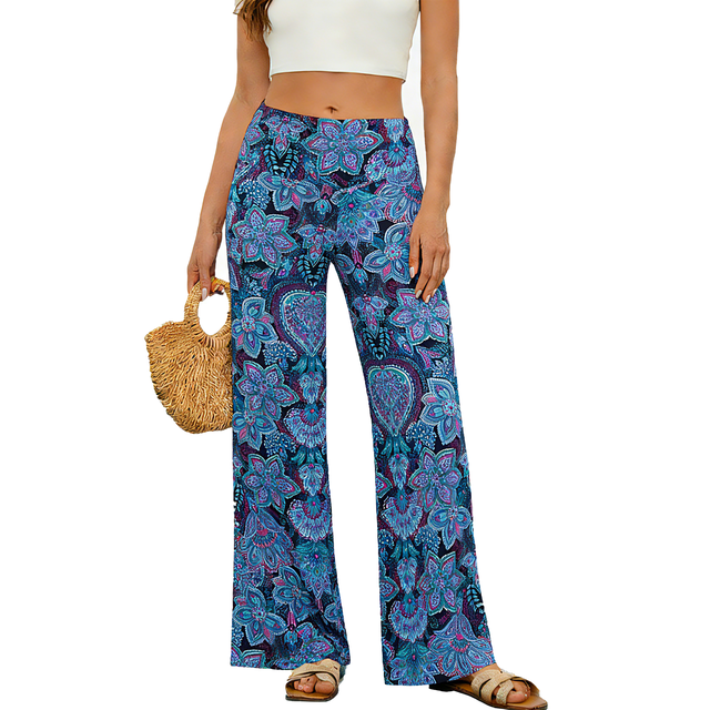 TEMOFON Women High Waist Pants Casual Stretchy Wide Leg Palazzo Lounge Pants Comfy Flower Print Dresses Pants