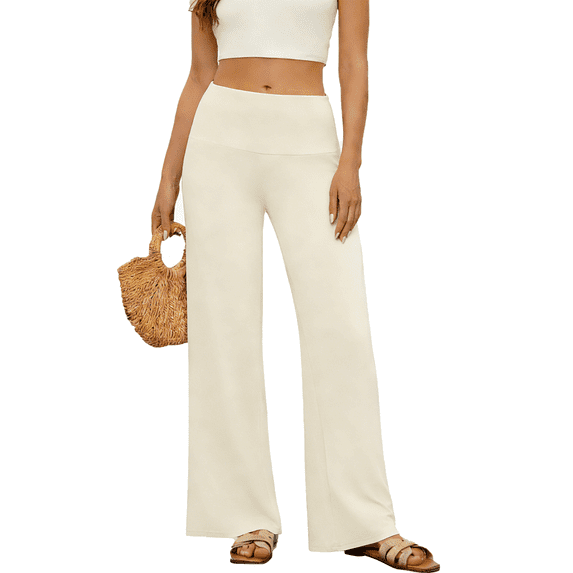 TEMOFON Women High Waist Pants Casual Stretchy Wide Leg Palazzo Lounge Pants Comfy Loose Fit Dress Pants Beige