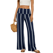 TEMOFON Women High Waist Pants Fashion Stripe Stretchy Wide Leg Palazzo Lounge Pants Comfy Loose Fit Dress Pants