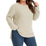 TEMOFON Womens Plus Size Knit Crew Neck Long Sleeve Sweaters Trendy Casual Tunic Ribbed Side Split Pullover Oversized Tops