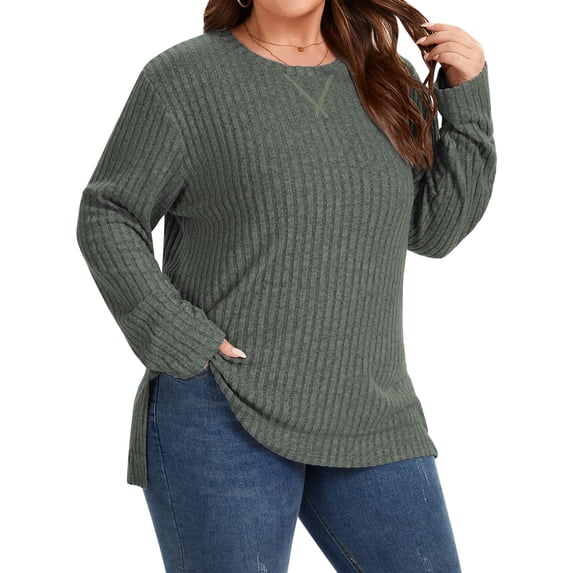 TEMOFON Plus Size for Womens Fall Tops Crew Neck Long Sleeve Sweaters Tunic Ribbed Side Split Pullover Tops