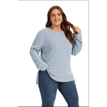 TEMOFON Womens Plus Size Knit Crew Neck Long Sleeve Sweaters Trendy Casual Tunic Ribbed Side Split Pullover Oversized Tops