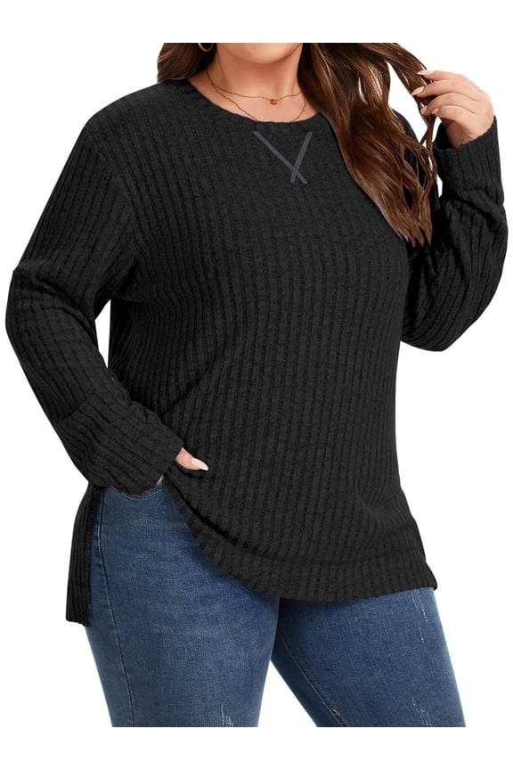 Plus Size for Womens Fall Long Sleeve Shirts for Women Knit Crew Neck Long Sleeve Sweaters Casual Tunic Ribbed Side Split Pullover Tops