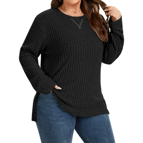 TEMOFON Plus Size for Womens Fall Long Sleeve Shirts for Women Knit Crew Neck Long Sleeve Sweaters Casual Tunic Ribbed Side Split Pullover Tops