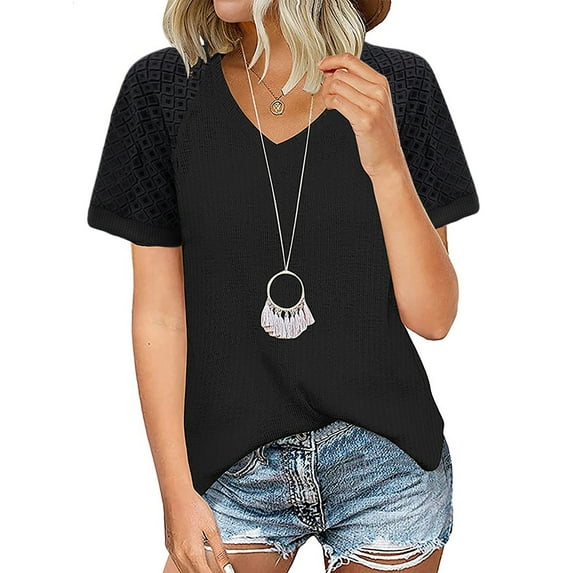 TEMOFON Women Lace Short Sleeve V Neck Shirts Tops Dressy Black Tops Waffle Knit Loose Casual Tee Blouse Size XL