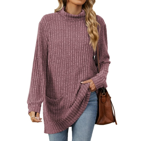 TEMOFON Women Long Sleeve Pullovers Plus Size Casual Turtleneck Tops Comfy Fall Knit Tunic Loose Fit Thin Sweaters for Women