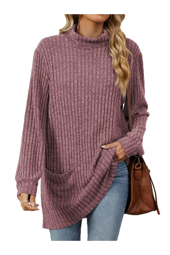 Women Long Sleeve Pullovers Plus Size Casual Turtleneck Tops Comfy Fall Knit Tunic Loose Fit Thin Sweaters for Women